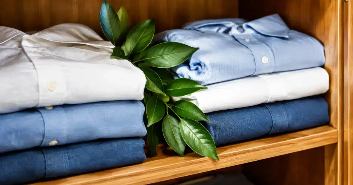 Feuilles vertes disposees entre chemises pliees dans armoire ouverte