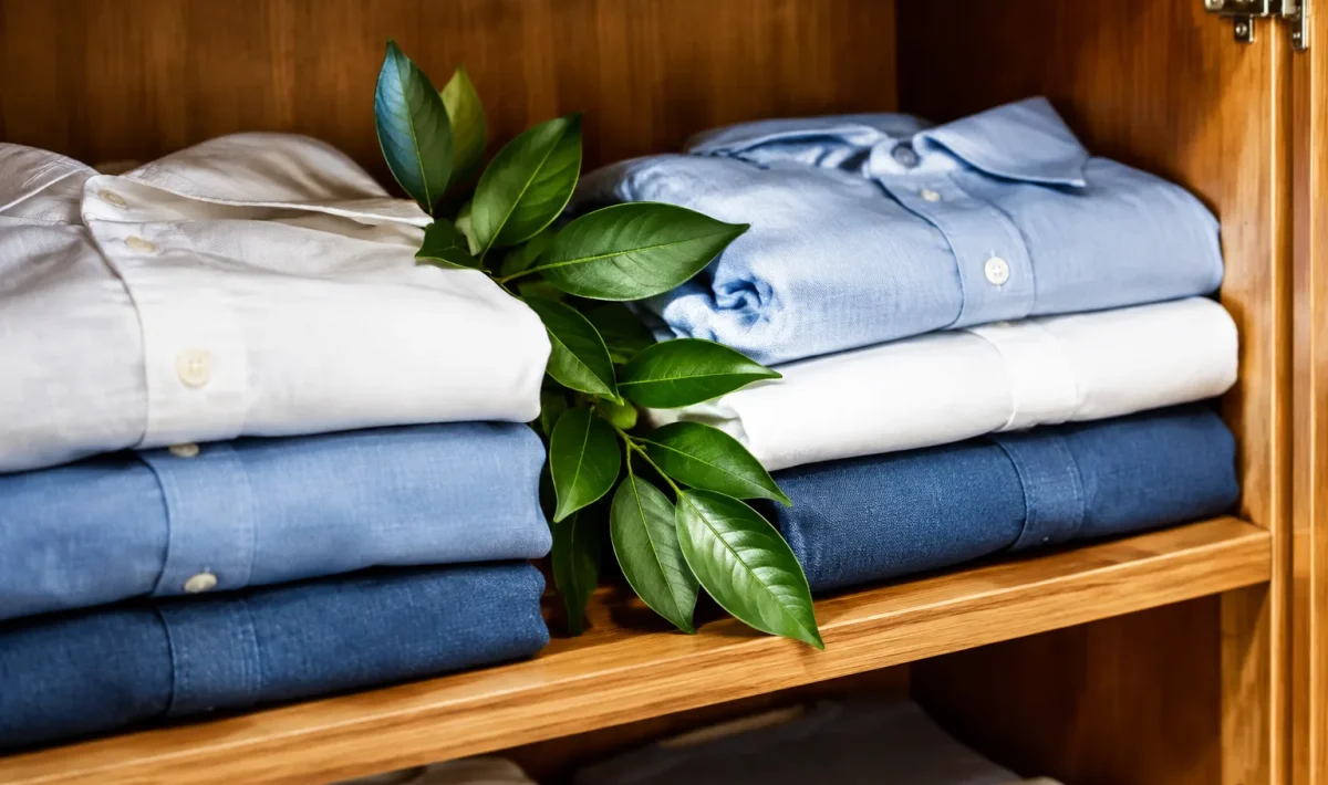 Feuilles vertes disposees entre chemises pliees dans armoire ouverte