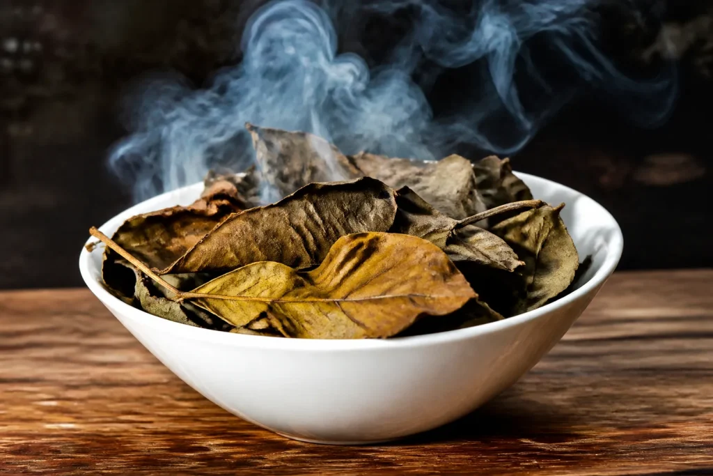 Feuilles seches fumant dans un bol blanc