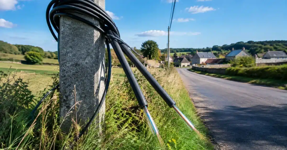 Cables de fibre optique termines abruptement a l'entree d'un petit village rural