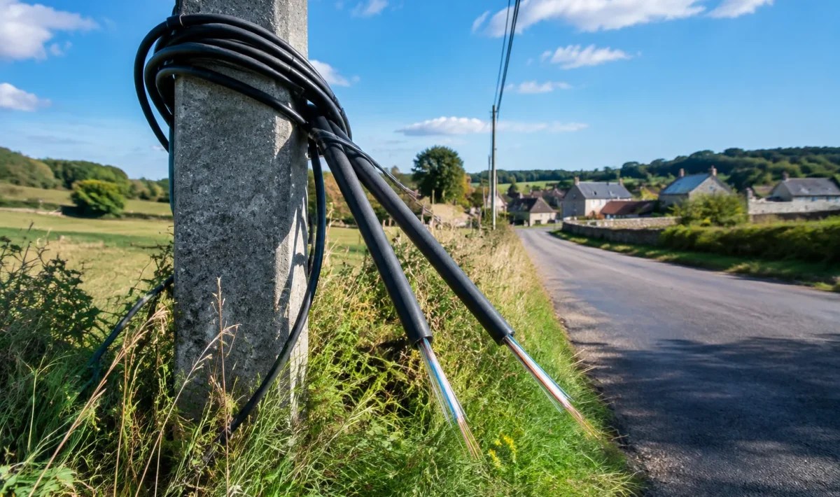 Cables de fibre optique termines abruptement a l'entree d'un petit village rural