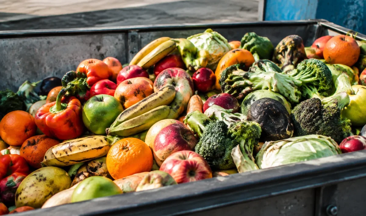 Fruits legumes abimes rejetes dans bac metal roulant