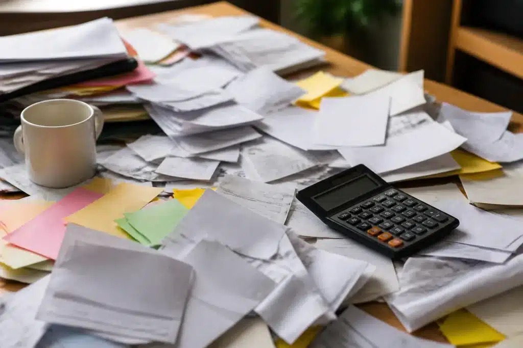 Documents administratifs eparpilles montrant gestion financiere desorganisee