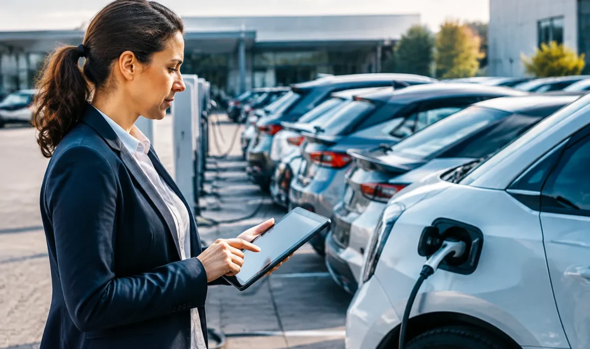 Gestionnaire automobile consulte tableau bord avec vehicules electriques alignes