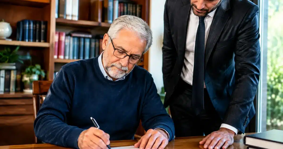 Homme âgé assis signant document officiel avec avocat debout à côté