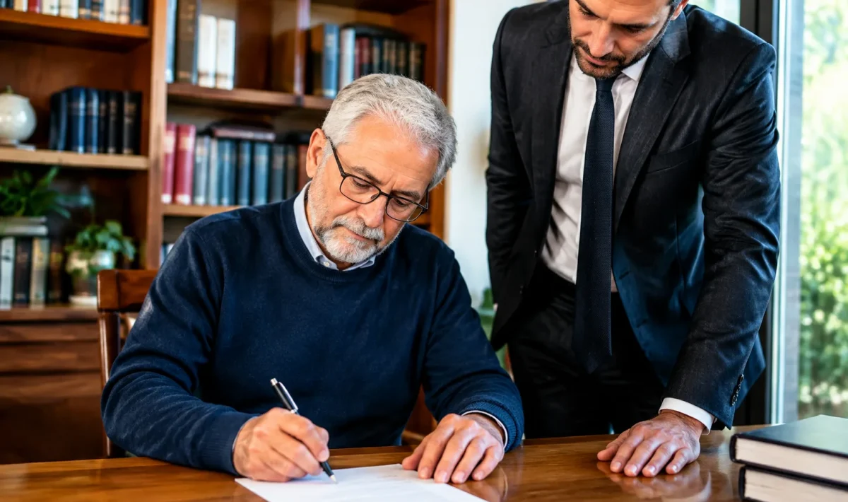 Homme âgé assis signant document officiel avec avocat debout à côté