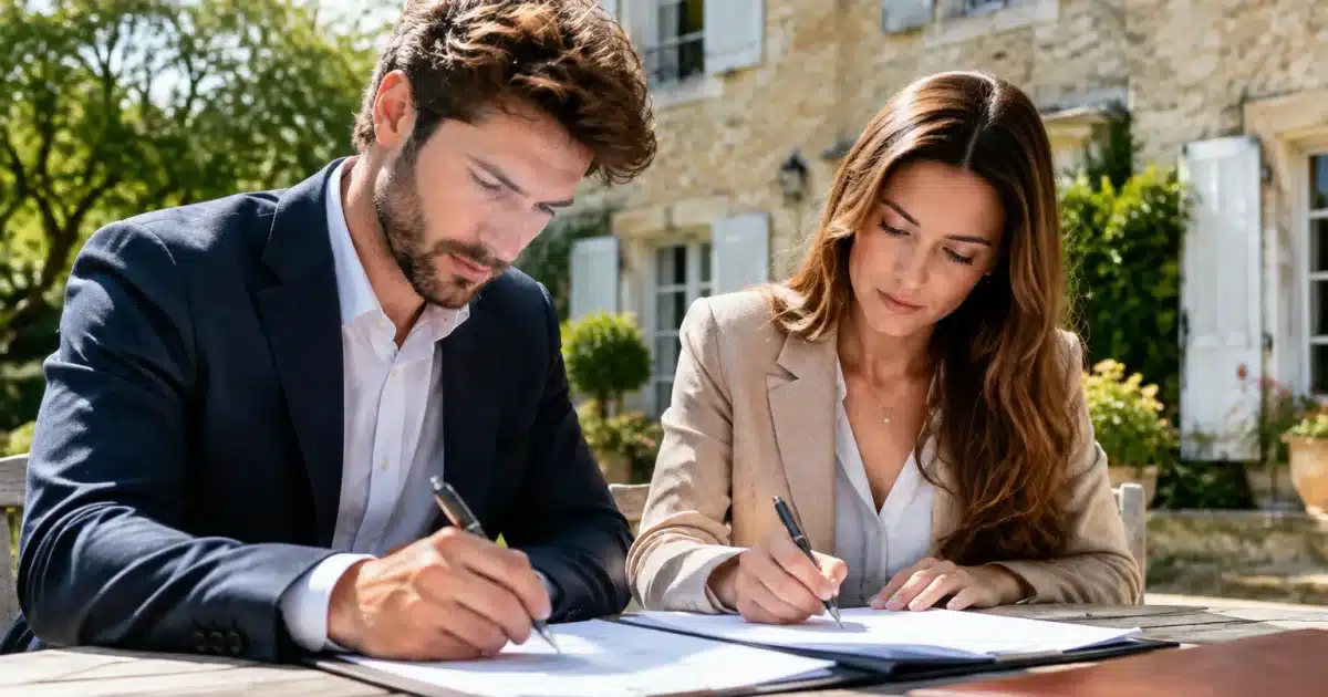Deux heritiers signent documents succession devant maison familiale