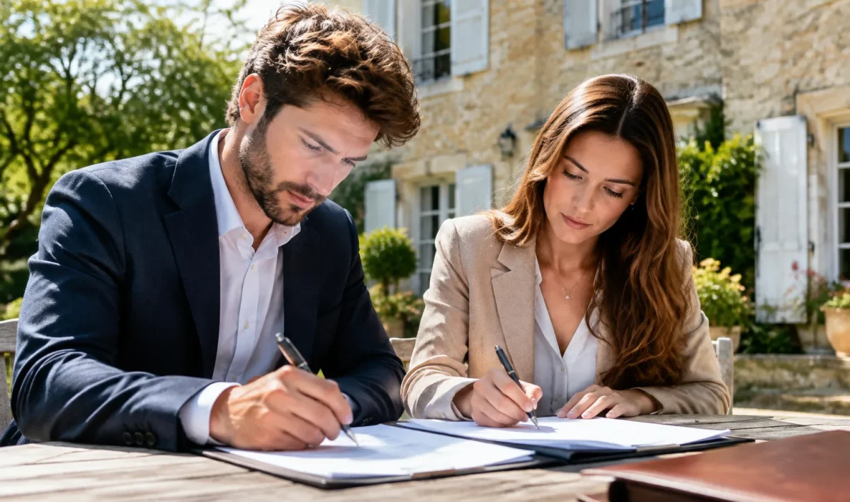 Deux heritiers signent documents succession devant maison familiale