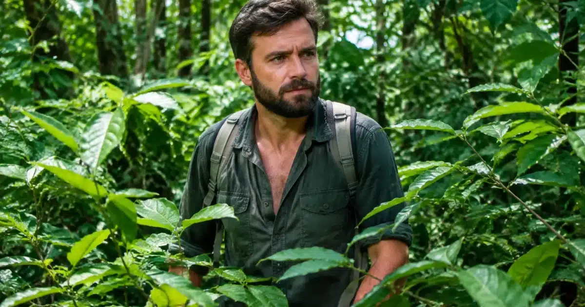 Homme barbu émergeant seul de la dense forêt verte