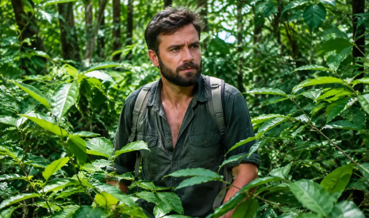 Homme barbu émergeant seul de la dense forêt verte