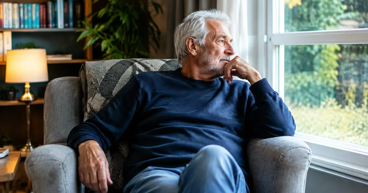 Homme age assis seul dans son salon pres de la fenetre