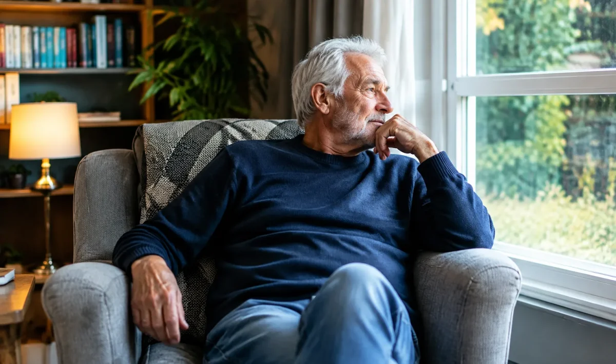 Homme age assis seul dans son salon pres de la fenetre