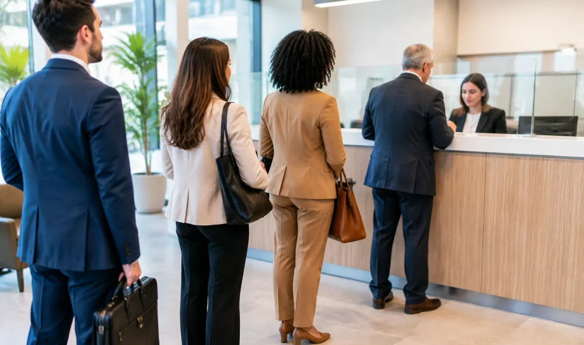Hommes femmes bien habilles attendant comptoir administratif moderne clair