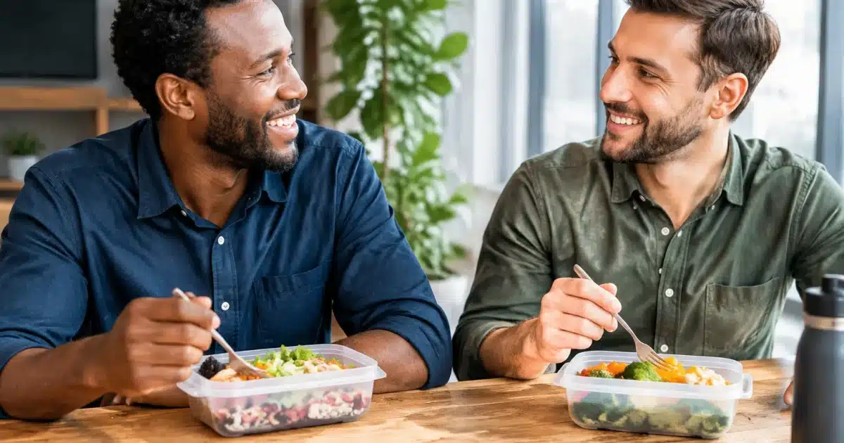 Deux hommes assis avec boites repas devant eux souriant