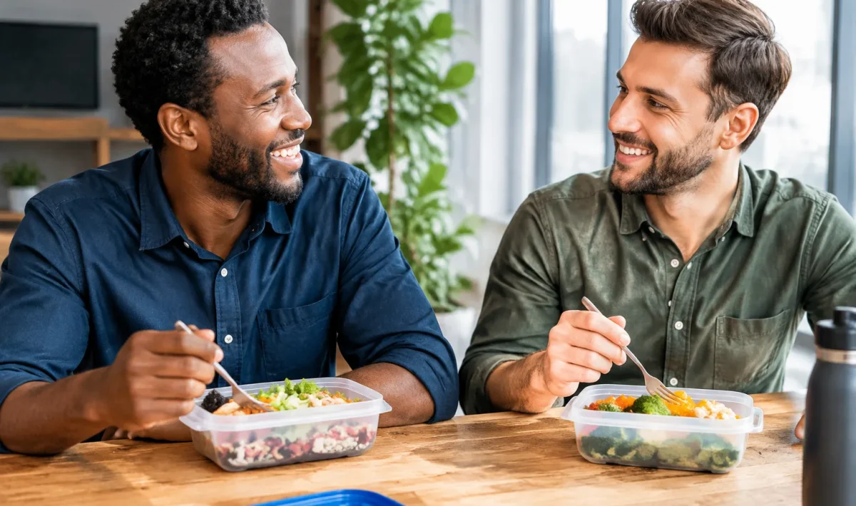 Deux hommes assis avec boites repas devant eux souriant