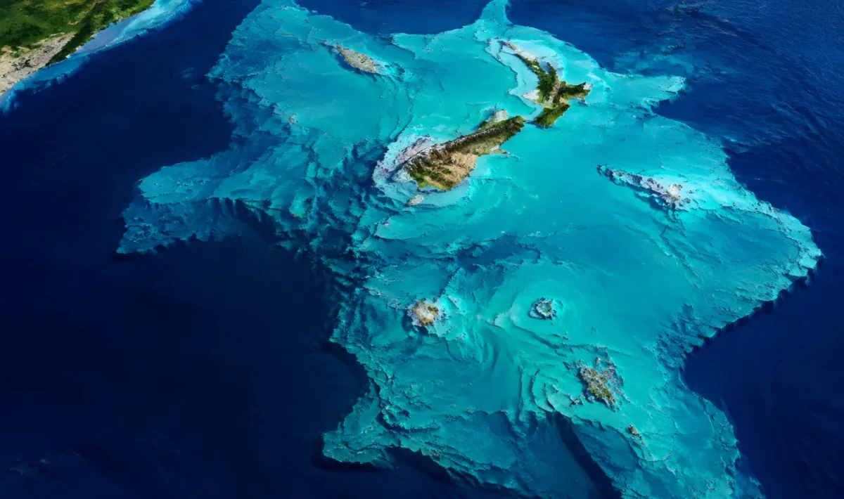 carte montrant iles emergeant du plateau continental zealandia