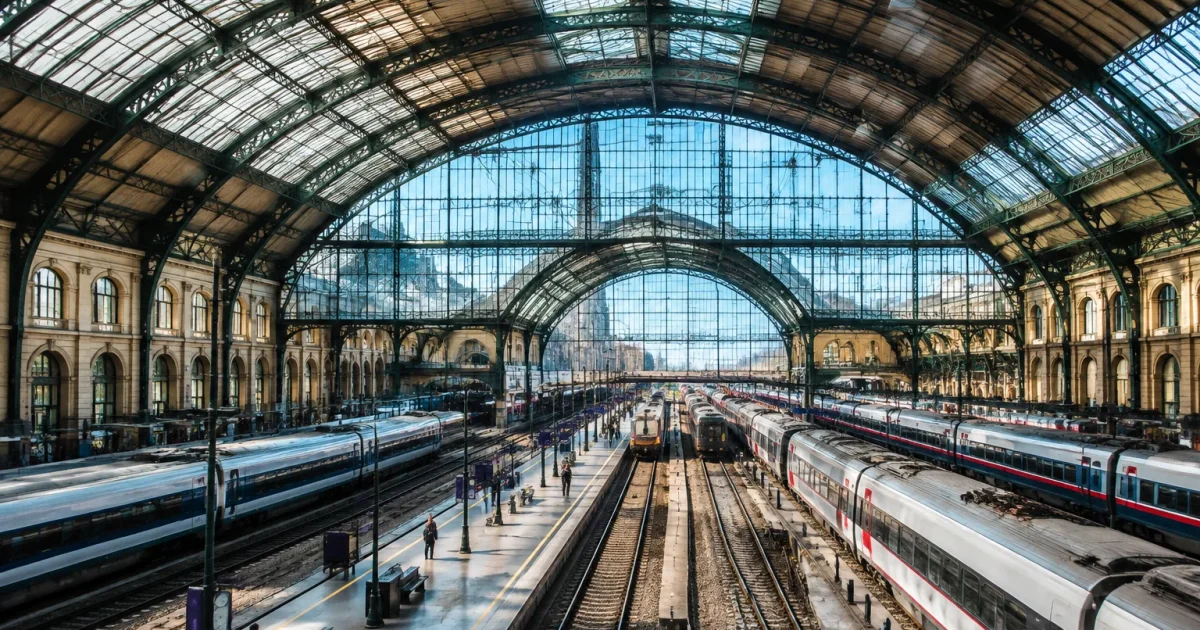 Immense gare avec dome imposant et multiples voies ferroviaires