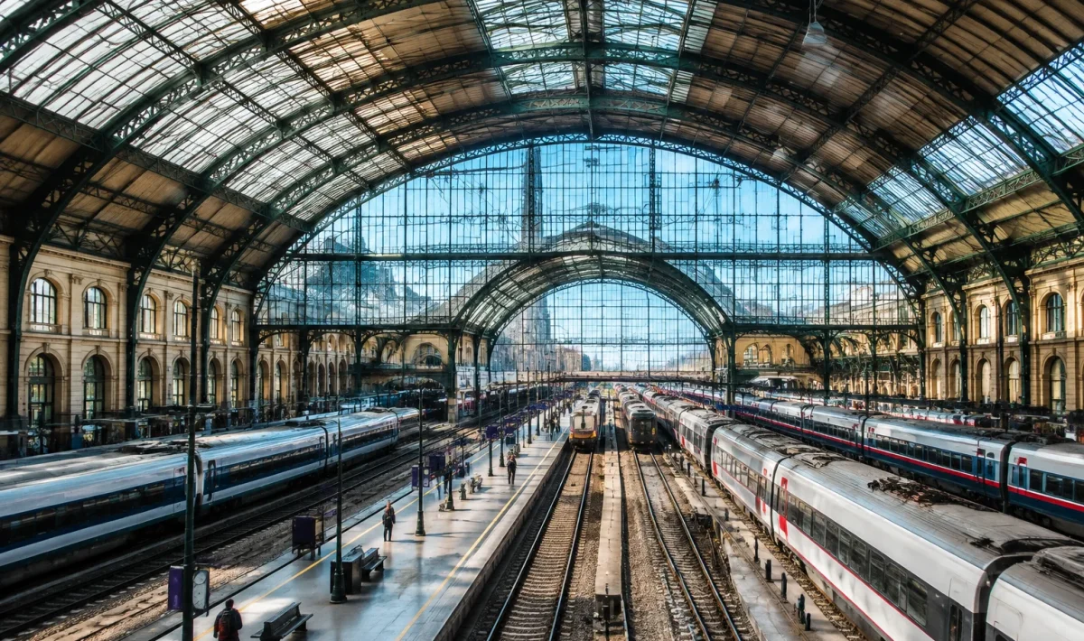 Immense gare avec dome imposant et multiples voies ferroviaires
