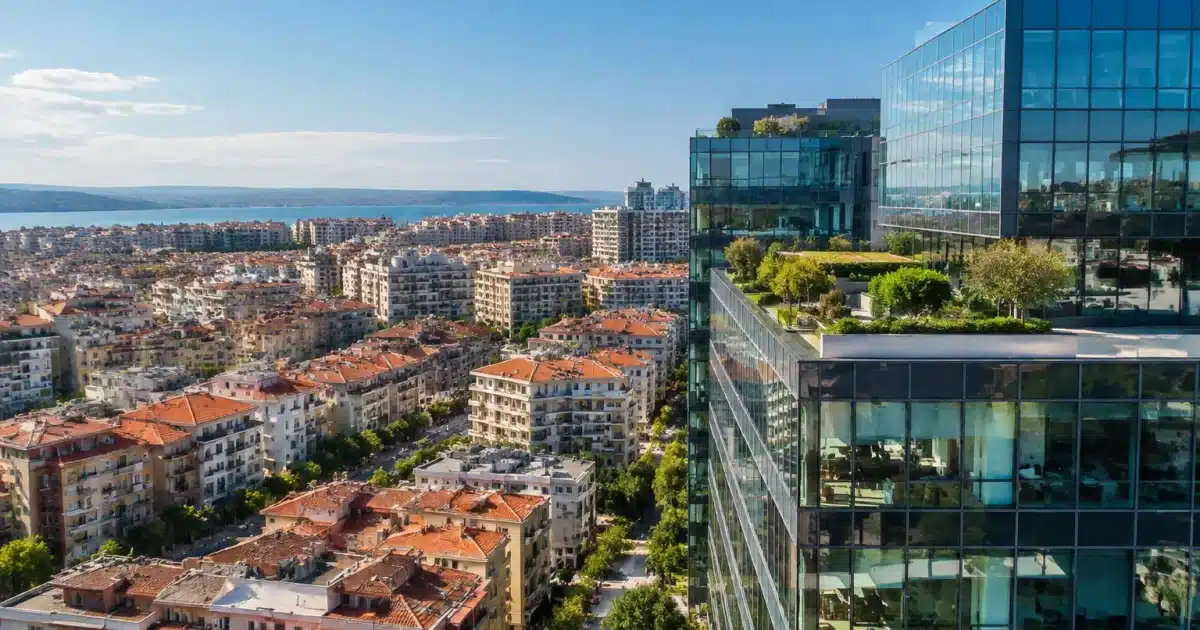 Immeubles de bureaux modernes surplombant des quartiers d'habitation densément construits