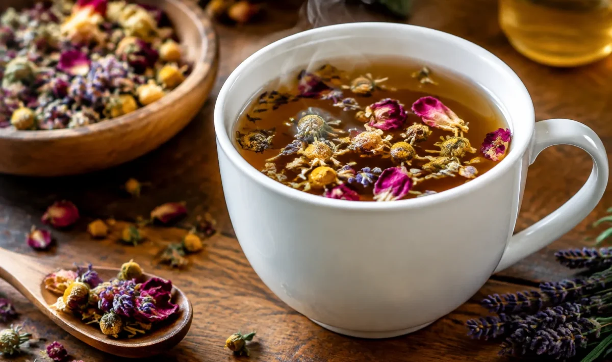 Tasse blanche contenant infusion de fleurs seches bouillantes sur table bois