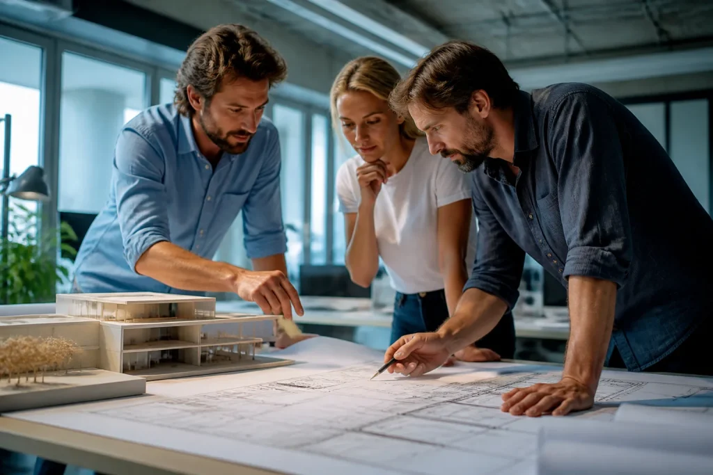 ingenieurs etudient maquettes reduits et plans techniques
