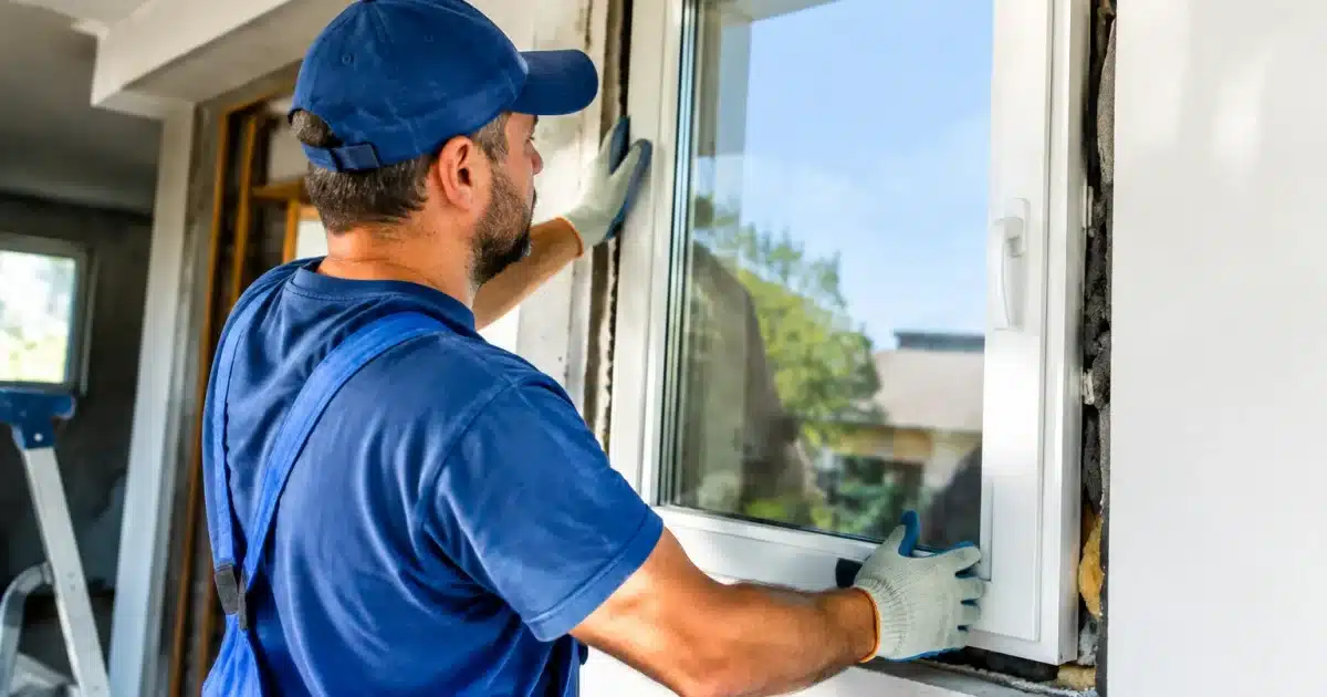Ouvrier installant une nouvelle fenetre encadree dans cadre mural blanc