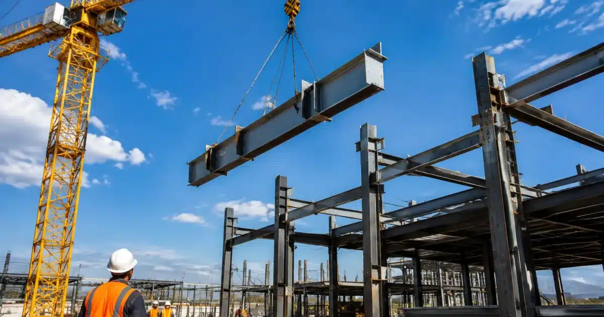 Chantier de construction avec structures metalliques et grues soulevant composants massifs