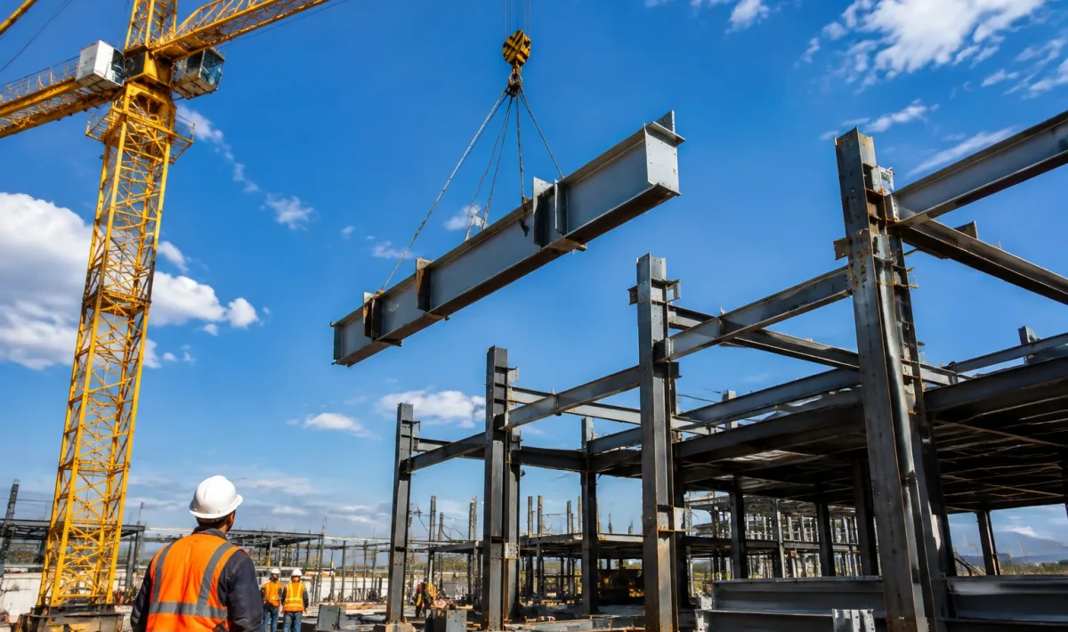 Chantier de construction avec structures metalliques et grues soulevant composants massifs