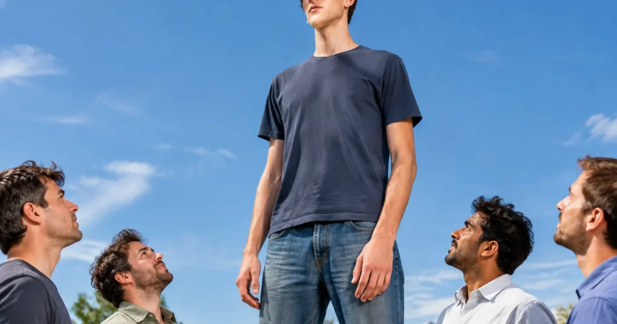 Jeune garcon immense debout surplombant nettement les autres hommes