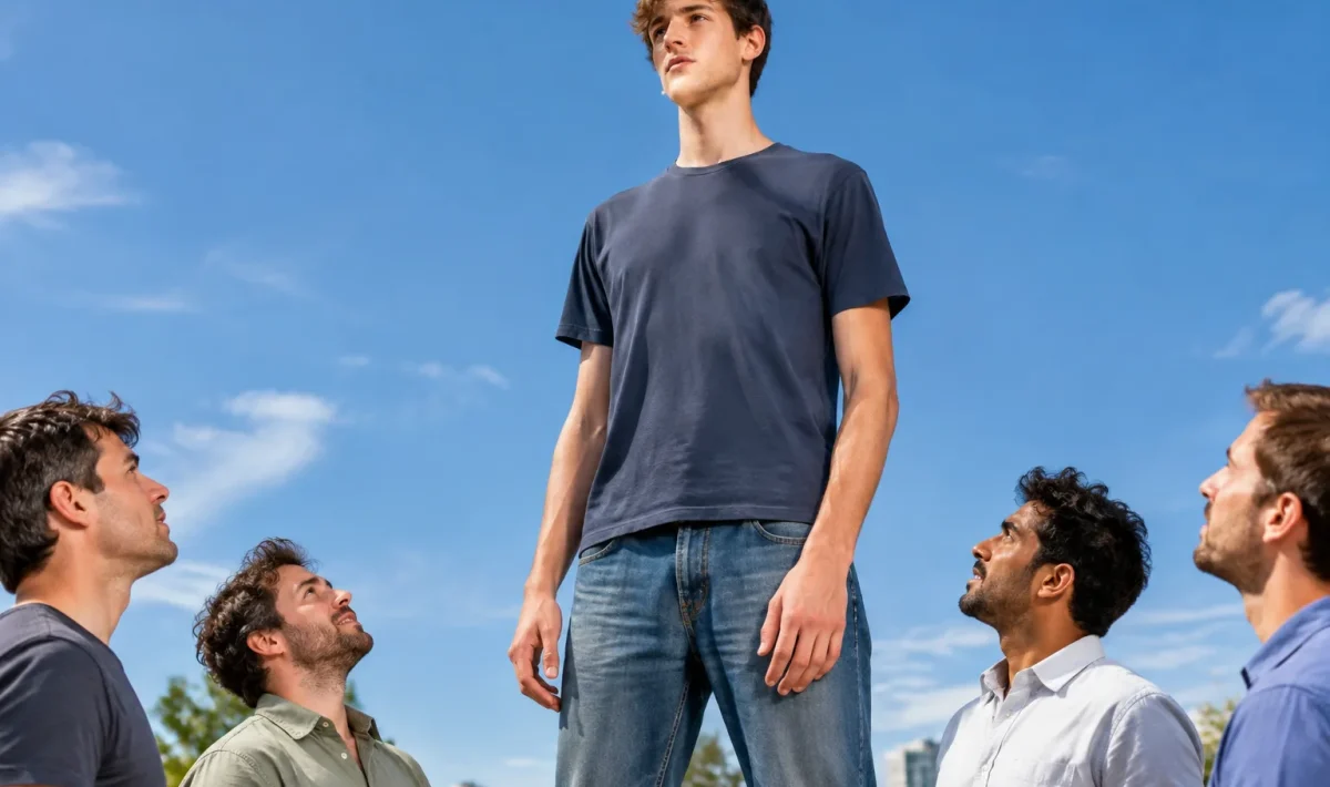 Jeune garcon immense debout surplombant nettement les autres hommes