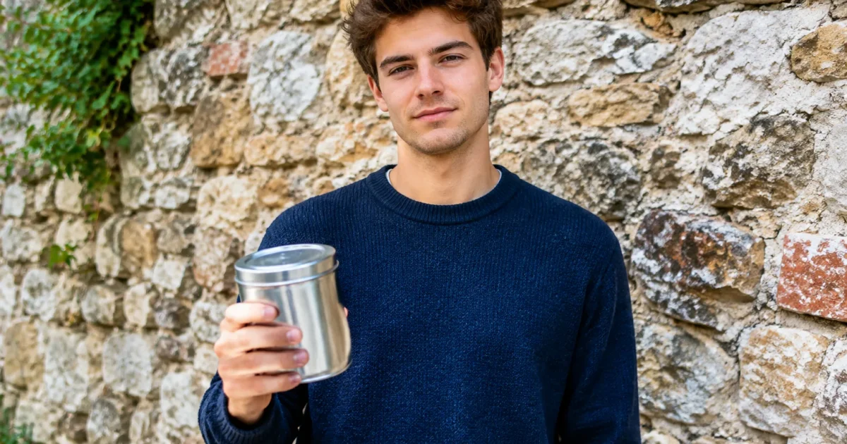 Jeune homme tenant boite metal devant mur ancien