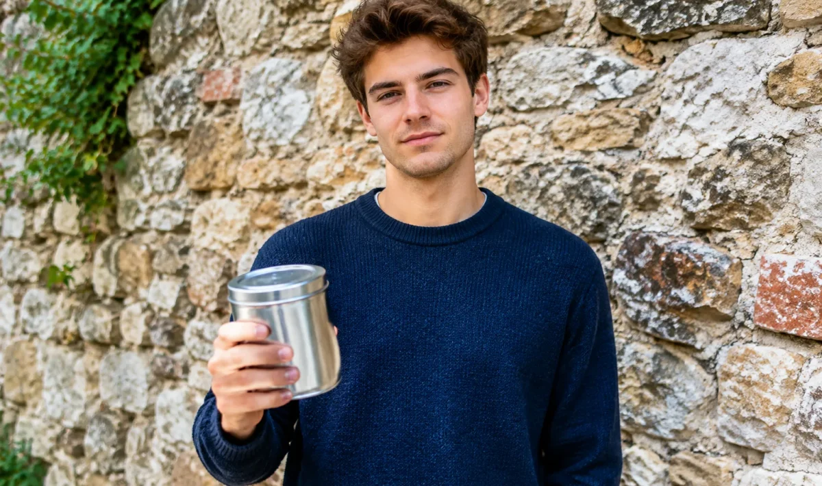 Jeune homme tenant boite metal devant mur ancien