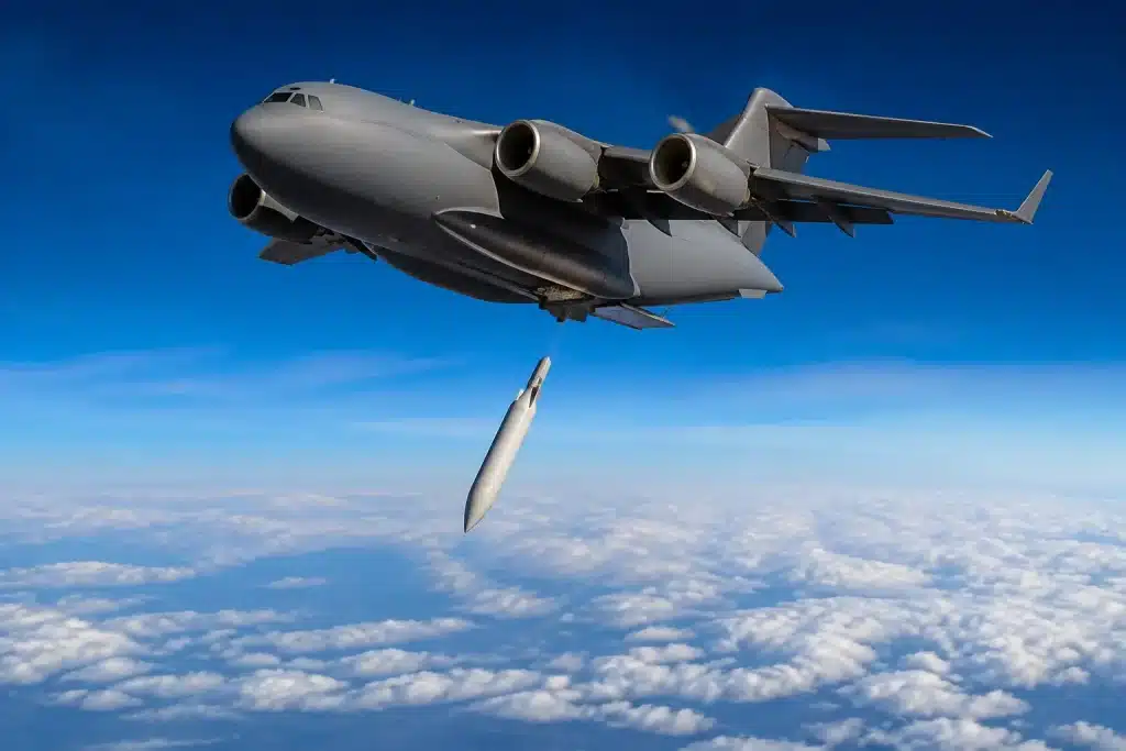 Avion cargo larguant fusée au-dessus nuages disperses