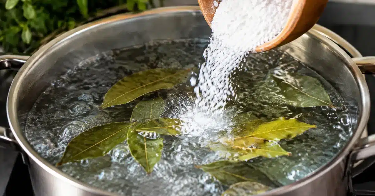 Feuilles de laurier et poudre blanche versees dans casserole eau bouillante