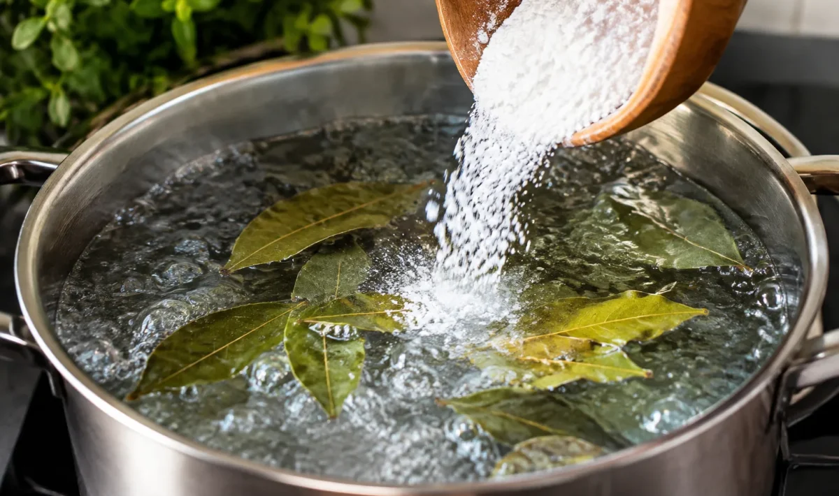 Feuilles de laurier et poudre blanche versees dans casserole eau bouillante