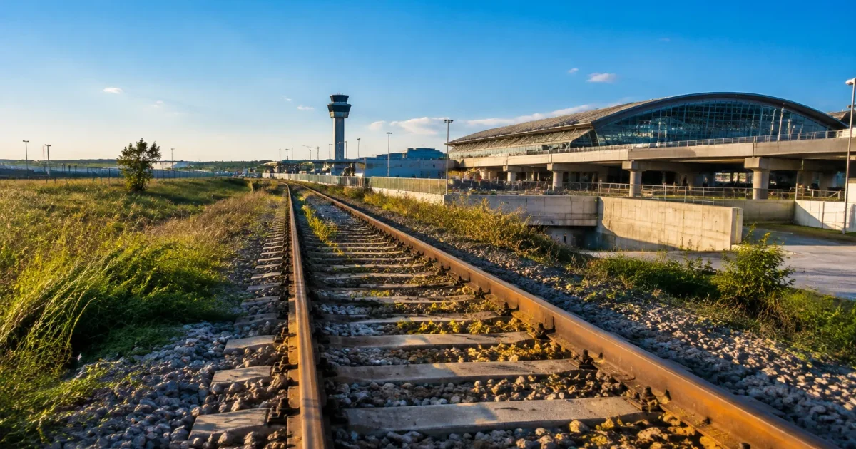 Rails abandonnés reliant l'aéroport à Paris, infrastructure inachevée visible