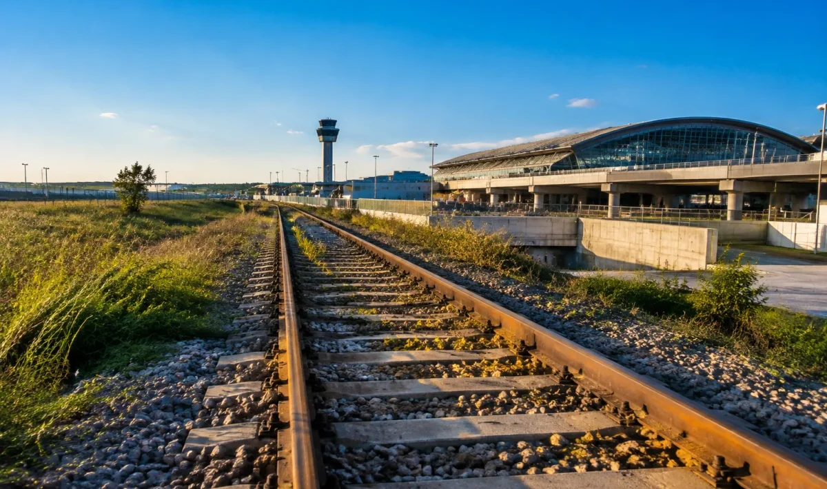 Rails abandonnés reliant l'aéroport à Paris, infrastructure inachevée visible