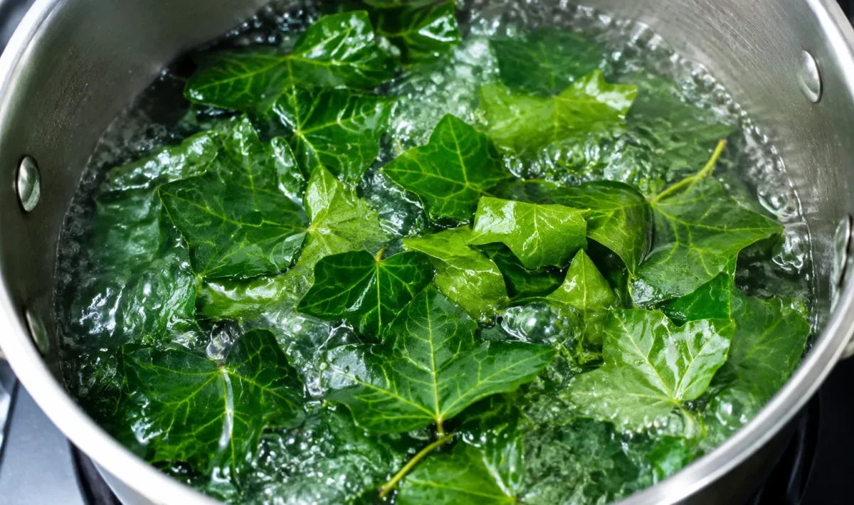 Feuilles de lierre vertes dans une casserole d'eau bouillante