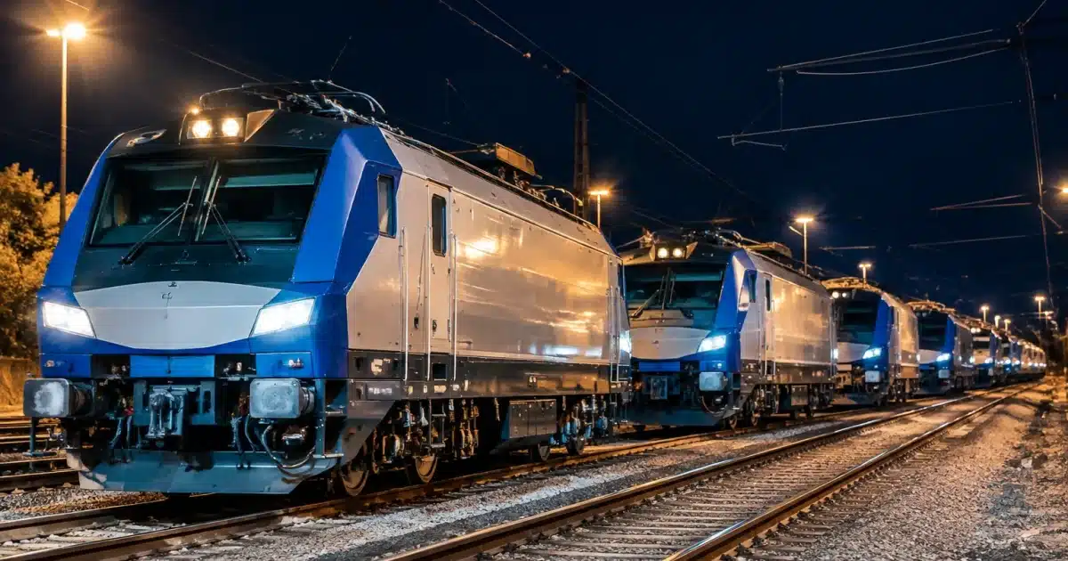 Locomotives modernes alignees sur voies ferrees de nuit