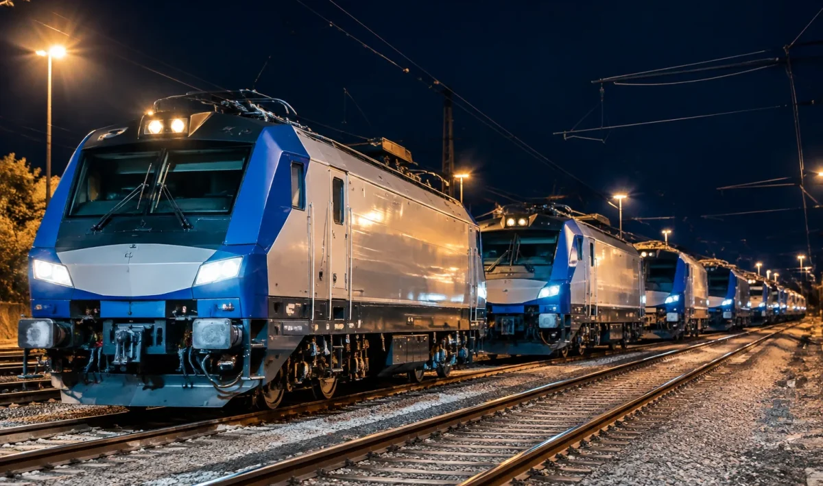 Locomotives modernes alignees sur voies ferrees de nuit