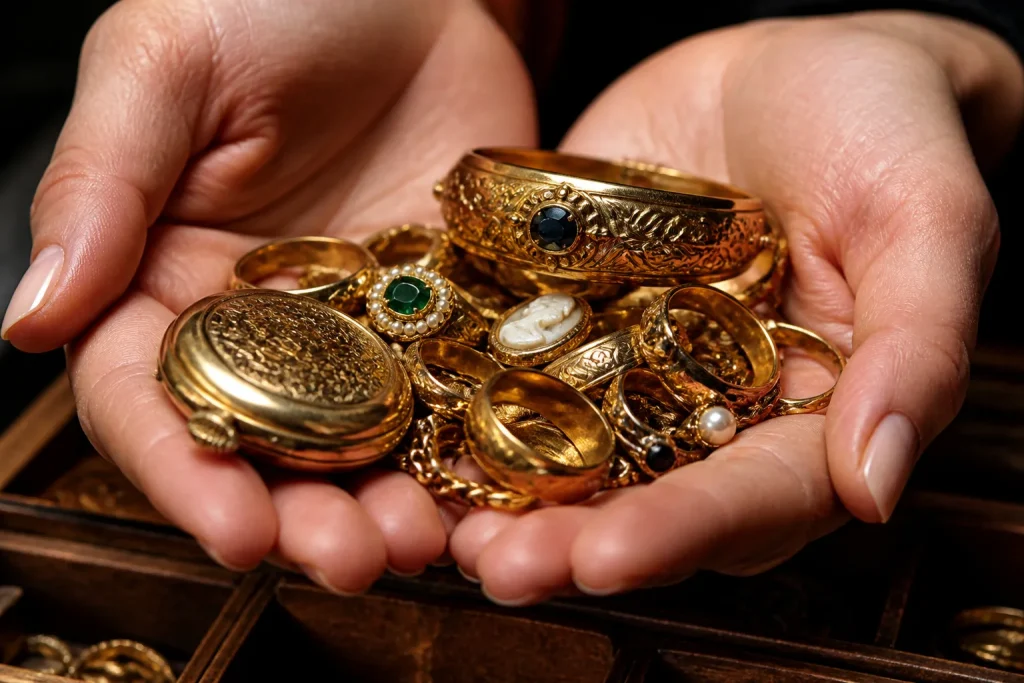 Mains tenant pieces dorees et bijoux anciens