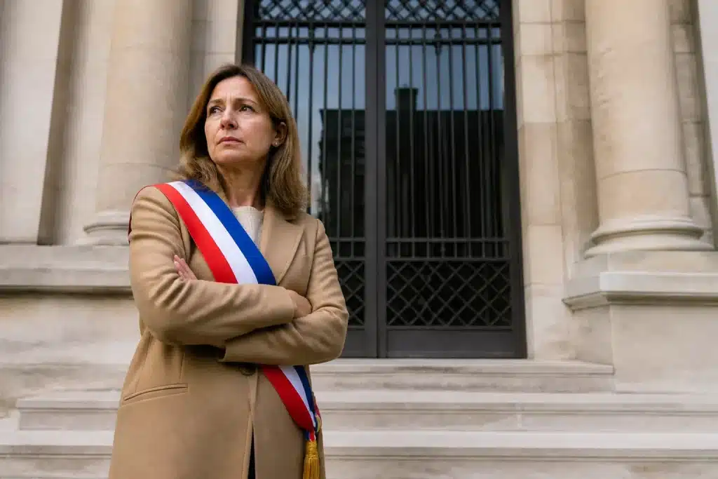 Femme en costume officiel devant bâtiment municipal fermé