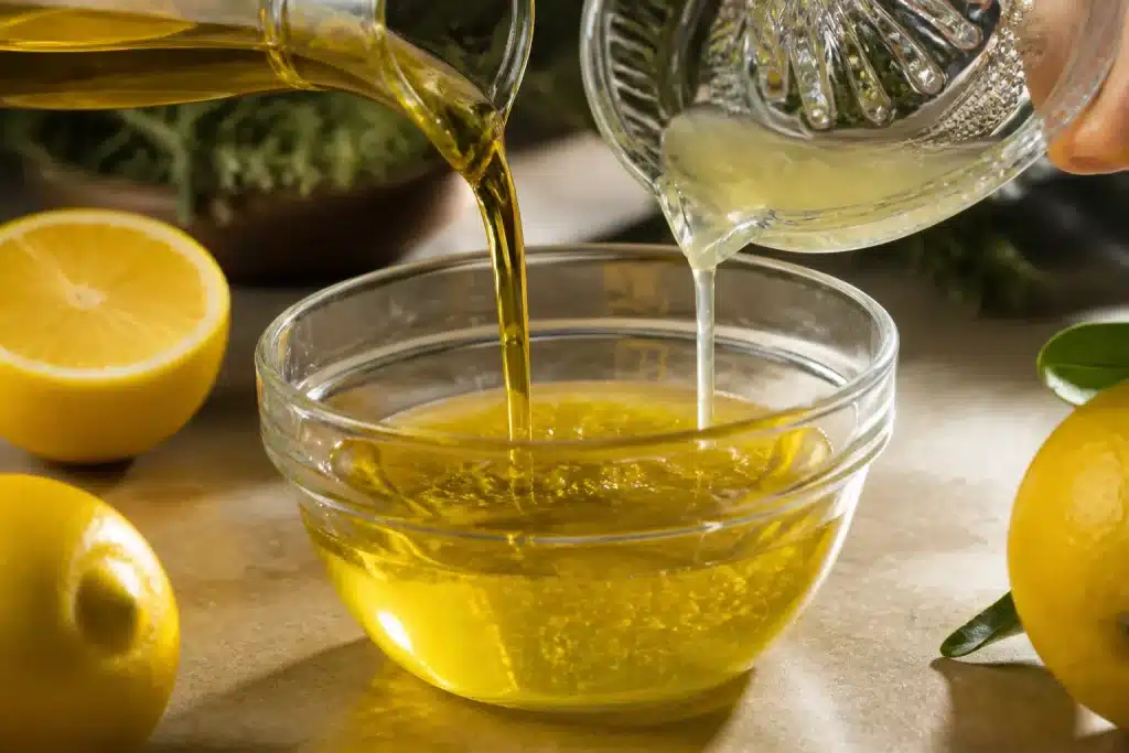 Huile olive et citron versés dans récipient transparent