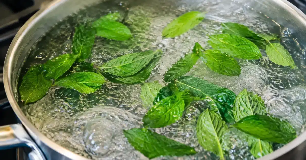 Casserole remplie d'eau bouillante avec feuilles vertes de menthe flottant dedans