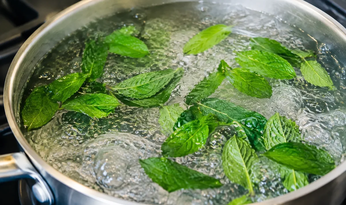 Casserole remplie d'eau bouillante avec feuilles vertes de menthe flottant dedans