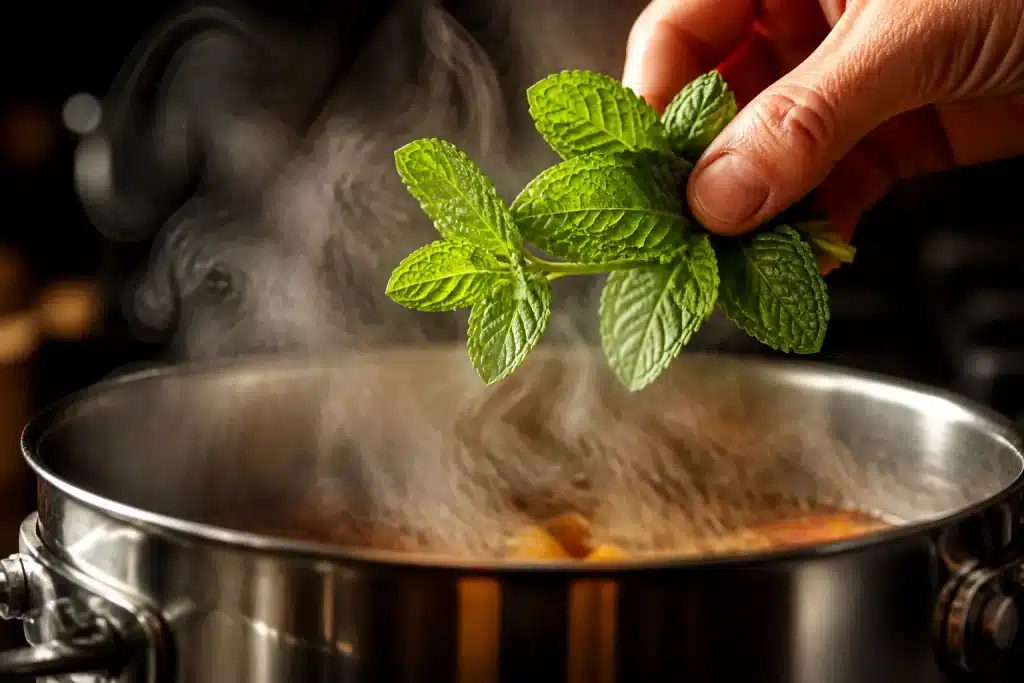 Feuilles menthe fraiches vapeur chaude dispersion aromatique cuisine