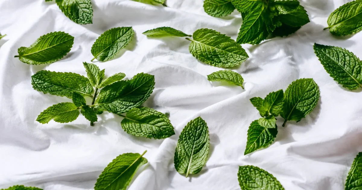 Feuilles menthe fraiches eparpillees sur drap blanc