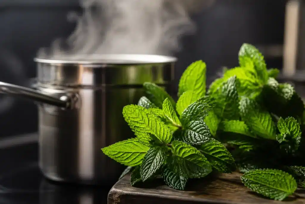 Feuilles de menthe fraiche pres d'une casserole fumante