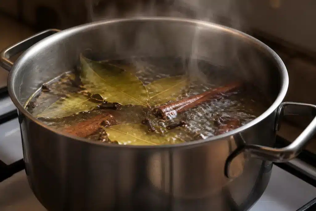Pot bouillant avec laurier, cannelle et clous de girofle