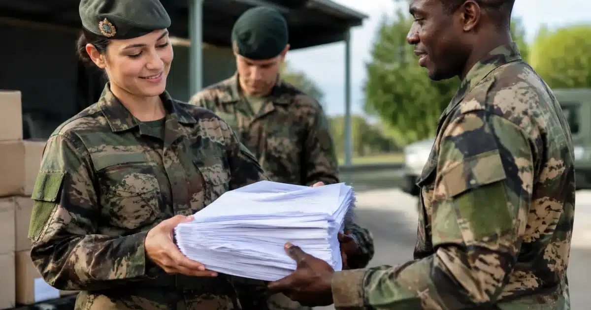Soldats en uniforme recevant des documents de paie volumineux empilés